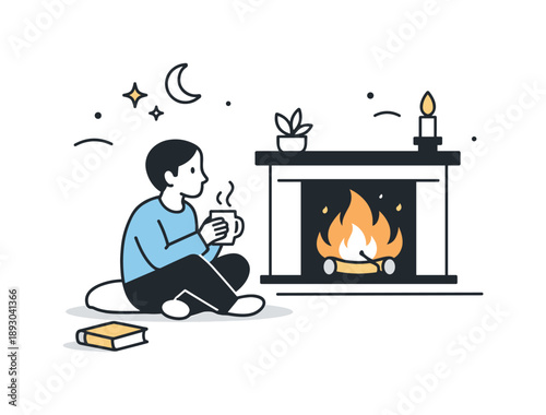 Tranquil Fireplace Evening. Evening by the fireplace. A person sitting quietly near the fire, enjoying a peaceful break. Soft light and relaxed mood expressed