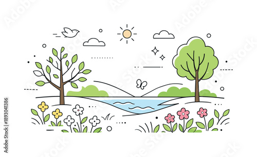 Spring Renewal Illustration. Early spring nature awakening. A calm editorial landscape with trees starting to grow leaves and small flowers appearing across