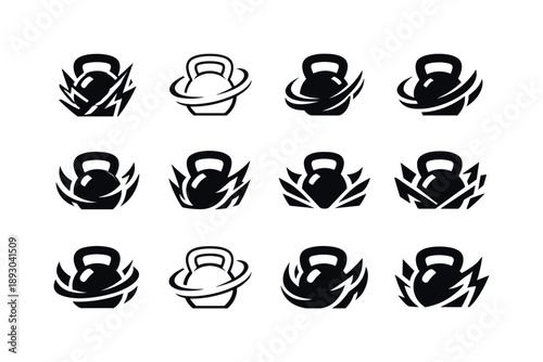 HIIT Logo Variations. HIIT workout. Icon set. Set Logo of HIIT workout: kettlebell with dynamic energy arcs. harmonious logo variations of the same emblematic