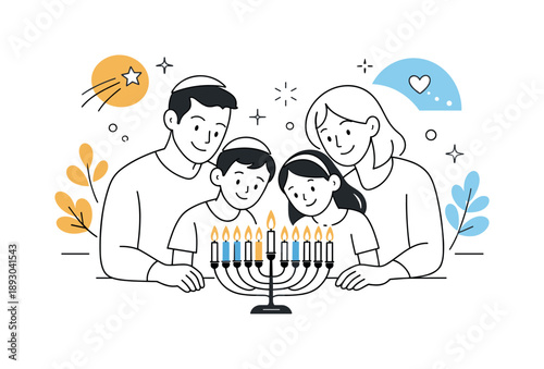 Family Lighting Menorah. People lighting menorah moment. Family smiling softly after lighting the candles, feeling of warmth and togetherness with abstract