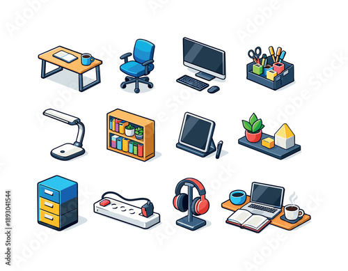 Modern Study Icons. Modern Study Room. Colorful isometric vector icons set of Modern Study Room: sleek desk, swivel chair, large monitor, desk organizer, LED