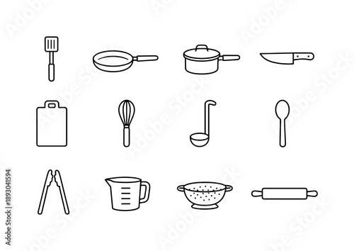 Cooking Utensils Icons. Cooking Utensils. Line icon set of Cooking Utensils: spatula, frying pan, saucepan, chef knife, cutting board, whisk, ladle, wooden