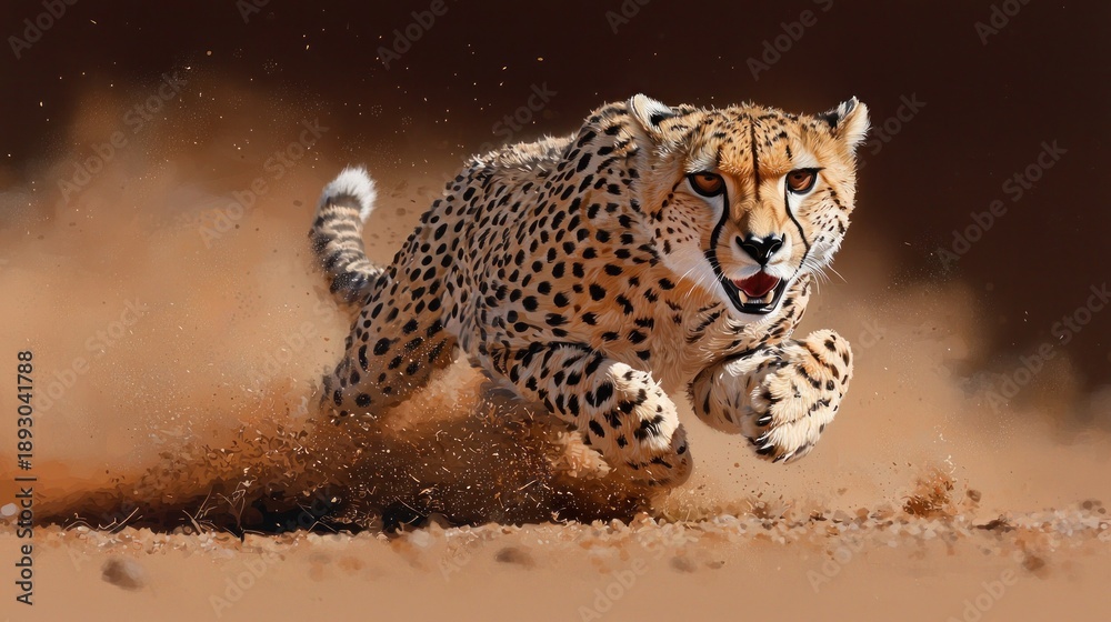 Fototapeta premium A cheetah sprints through a sandy landscape, its body extended, dust billowing around it, conveying intense speed and power