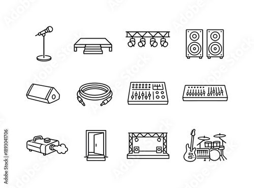 Music Stage Icons. Music stage setup. Line icon set of Music stage setup: mic on stand, stage floor, light rig, speakers, stage monitor, cable coil, sound