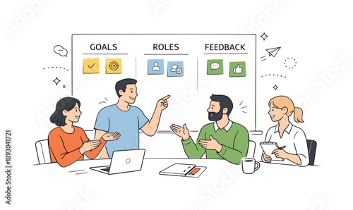 Collaborative Leadership Workshop. Team leadership workshop. Participants collaborating around a board with goals, roles, and feedback cards. Open