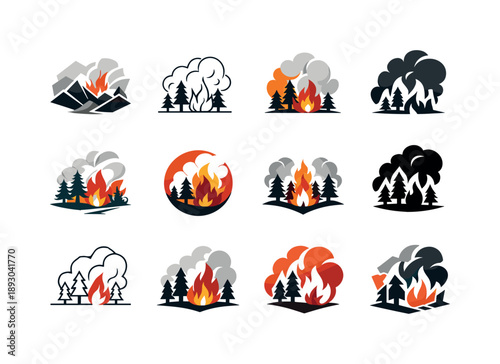 Wildfire Impact Icons. Wildfires and their ecological consequences. Icon set. Set Logo of wildfires and their ecological consequences: wildfire smoke and