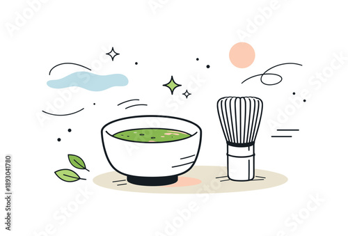 Serene Matcha Moment. Japanese tea moment. A matcha bowl on a table with whisk nearby, calm lifestyle mood inspired by slow living. Soft abstract elements
