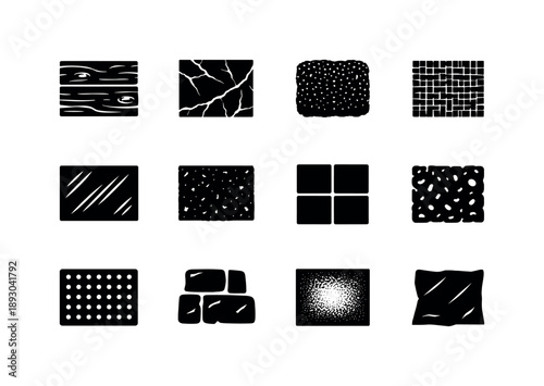 Material Texture Icons. Material Textures. Solid icon set of Material Textures: wood plank texture, marble surface, leather grain, linen fabric, brushed metal,