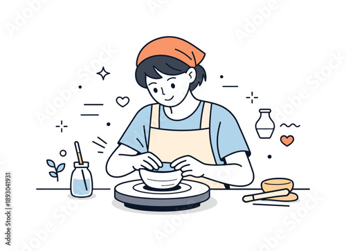 Mindful Pottery Crafting. Pottery class details. Person carefully shaping a small ceramic bowl. Mindful process and attention to detail. Minimalist flat vector