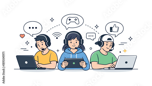 Online Gaming Fun. Friends gaming online. Friends playing together on laptops or tablets, chat bubbles and headsets showing communication. Digital connection
