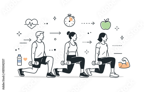 Team Lunge Workout. Group fitness lunges. Two or three people performing lunges with dumbbells together in a gym or park, subtle floating abstract icons for