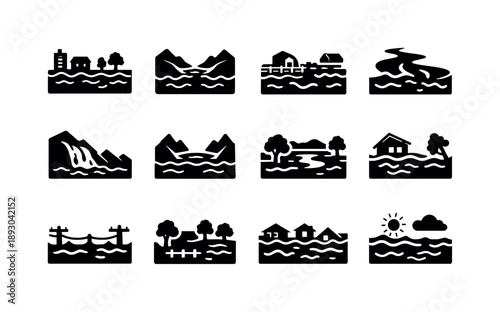 Flood Disaster Icons. Valley flooding. Solid icon set of valley flooding: flooded plains, water filled valley, submerged fields, river overflow, mountain