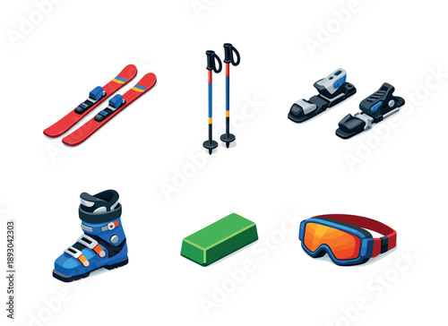 Ski Equipment Icons. Ski Equipment. Isometric flat vector icons set of Ski Equipment: carving skis, ski poles pair, ski bindings set, ski boots, ski wax block,