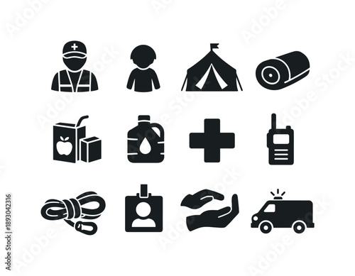 Disaster Relief Icons. Disaster relief for children. Solid icon set of Disaster relief for children: relief worker, child icon, shelter tent, blanket roll,