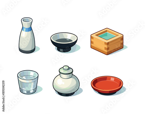 Traditional Sake Icons. Traditional Sake. Isometric flat vector icons set of Traditional Sake: tall sake flask, shallow ceramic cup, wooden serving box, glass