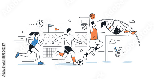 Energetic Stadium Competition. Sports event overview. A clean editorial scene showing athletes competing in a stadium with spectators in the background,