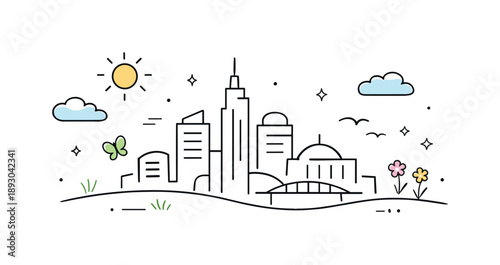 Spring City Silhouette. Spring urban skyline silhouette. Modern city outline with gentle curves and minimal detail, combined with light spring symbols like sun