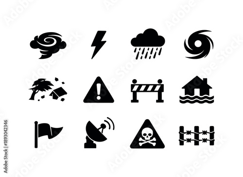 Extreme Storm Icons. Extreme storm conditions. Solid icon set of extreme storm conditions: rotating clouds, lightning bolt, intense rain, hurricane wind