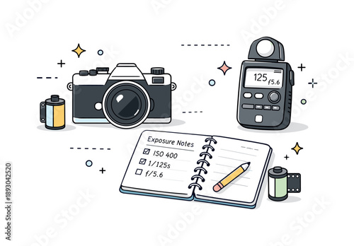 Analog Photography Essentials. Analog photography essentials. Camera, light meter, and notebook with exposure notes arranged in a minimal workspace scene.
