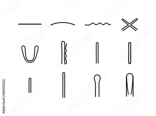 Minimal Hairpin Icons. Minimal hairpins. Line icon set of Minimal hairpins: straight pin, curved pin, wavy pin, crossed pins, open pin, closed pin, thin pin,