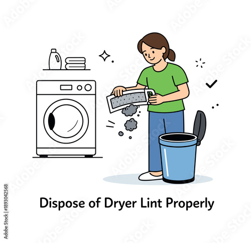 Dryer Lint Disposal. Everyday safety habit. A calm character disposing of lint after cleaning the dryer filter, with a sense of completion and order. The scene