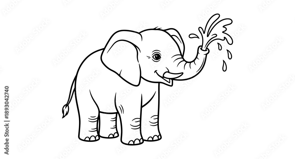 Fototapeta premium Cute cartoon elephant spraying water from its trunk, perfect for coloring pages