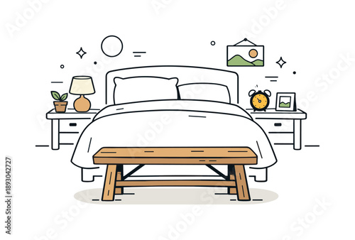 Rustic Bedroom Simplicity. Bedroom interior with rustic bench. A wooden bench stands at the foot of a neatly made bed, emphasizing natural materials and