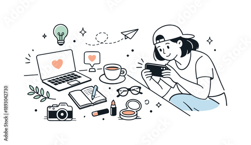 Minimalist Lifestyle Flatlay. Lifestyle content shoot. A person staging or capturing a flatlay or selfie with a phone, simple setup and soft focus. Scene