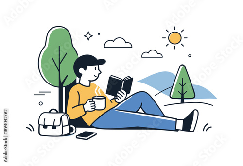 Serene Nature Retreat. Weekend nature break. A person resting with a book and coffee near trees and soft hills. Quiet pause, simple pleasures and mental reset.
