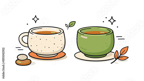 Organic Pottery Vector. Handcrafted pottery. A close-up scene of stoneware tea cups with organic shapes and earthy tones, expressing craftsmanship