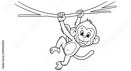 Cute cartoon monkey hanging from a tree branch with a happy expression
