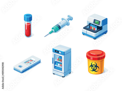 Isometric Medical Icons. Medical Lab. Isometric flat vector icons set of medical lab: blood sample vial, syringe, microscope analyzer, test cassette, lab
