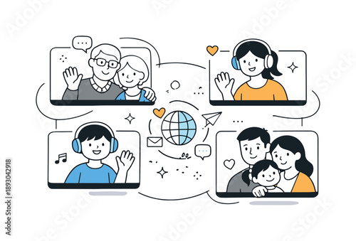 Virtual Family Connection. Video calling family illustration. Abstract scene of connected family members through screens and simple lines. Peaceful digital