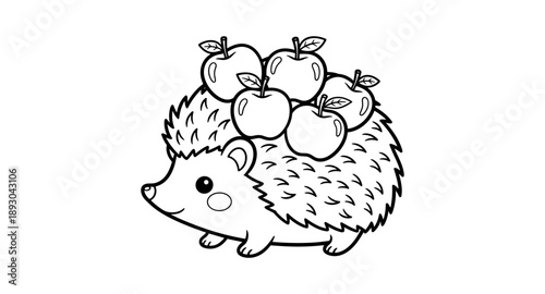 Cute cartoon hedgehog carrying apples on its back, black and white line art illustration
