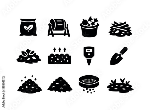 Urban Compost Icons. Urban soil & compost. Solid icon set of urban soil & compost: soil bag, compost tumbler, food scraps bucket, carbon materials, nitrogen