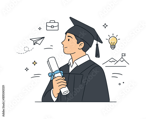 Graduate's Reflective Moment. Graduation day reflection. A graduate holding a diploma and looking ahead thoughtfully. Calm moment of transition, hope, and