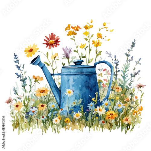 watercolor of Spring Garden With Watering Can vector painting, isolated on a white background.
