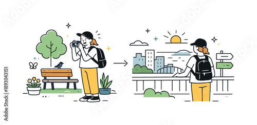 Urban Discoveries. Everyday city adventure. A resident or traveler enjoys discovering overlooked spots like pocket parks or viewpoints, celebrating urban