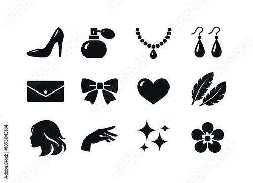 Feminine Icon Set. Feminine elegance. Solid icon set of feminine elegance: high heel shoe, perfume bottle, necklace, earrings, clutch bag, bow icon, heart
