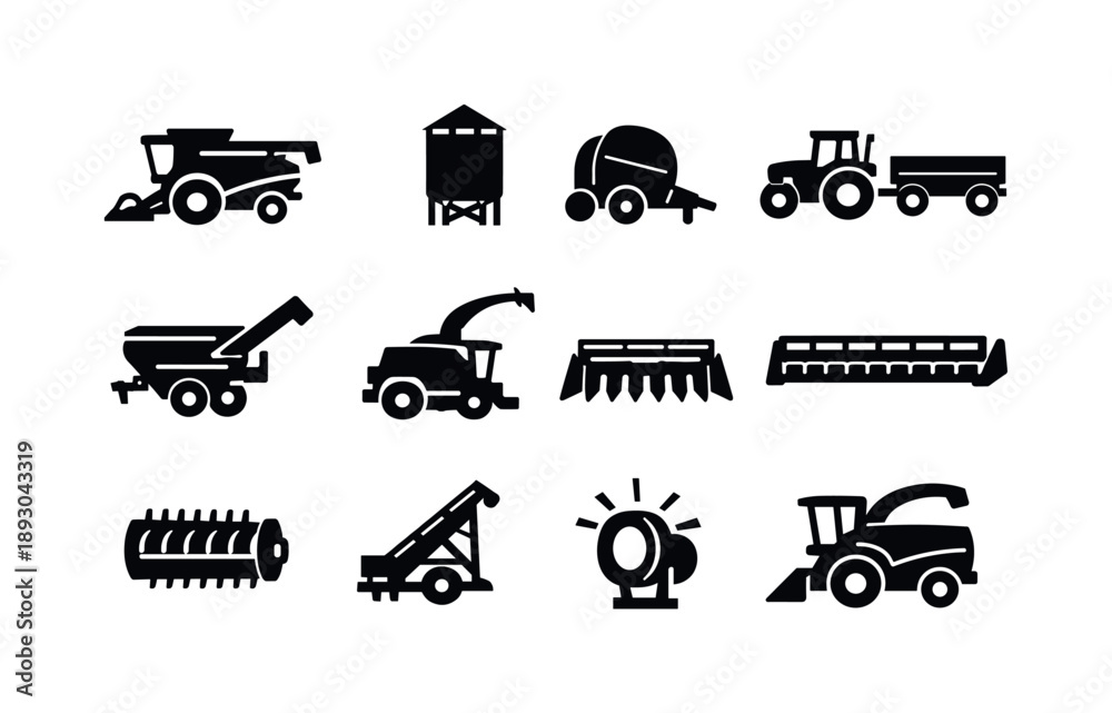 Fototapeta premium Harvest Machinery Icons. Harvest machinery. Solid icon set of harvest machinery: combine harvester, grain bin, baler, tractor with trailer, auger cart, silage