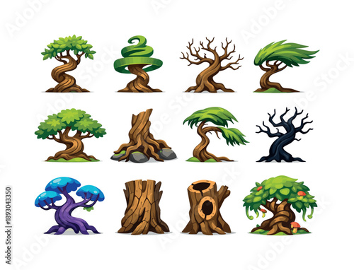 Twisted Tree Icons. Twisted Tree. Colorful flat vector icons set of Twisted Tree: twisted trunk, spiral tree, bare branches, wind shaped tree, old oak twist,