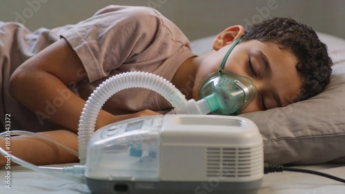 A person sleeps peacefully in bed with a CPAP machine and mask connected. The image conveys themes of sleep apnea treatment, respiratory health, and restful recovery.