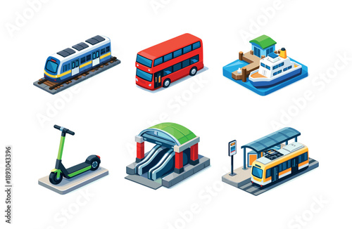 Isometric Transport Icons. Public transport. Isometric flat vector icons set of public transport: city train, double-decker bus, ferry terminal, electric