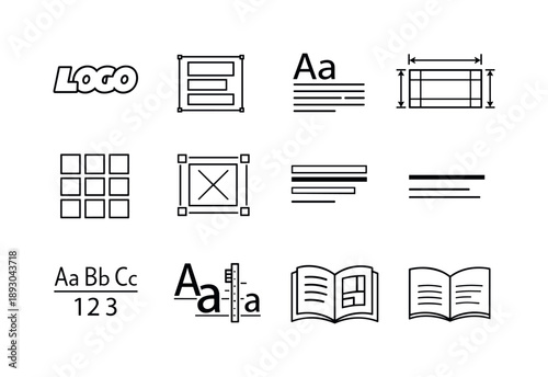Brand Typography Icons. Brand typography. Line icon set of brand typography: logo type, type lockup, brand font sample, spacing rules, text grid, clear space