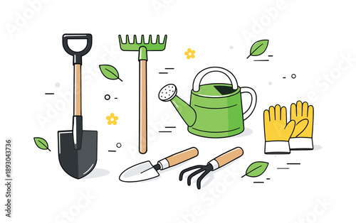 Essential Gardening Tools. Gardening tools overview. A clean editorial scene showing essential gardening tools like a shovel, rake, watering can, and gloves