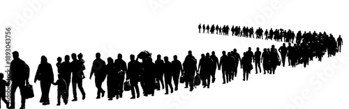 Silhouette of large group of people walking in formation