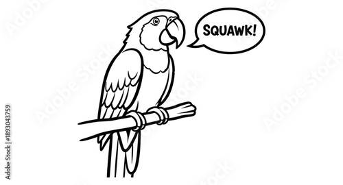 Cartoon parrot perched on a branch squawking loudly with a speech bubble