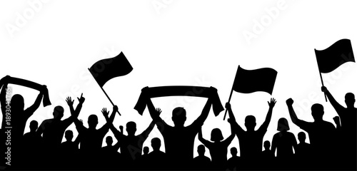 Silhouette of sports fans waving flags and scarves in stadium