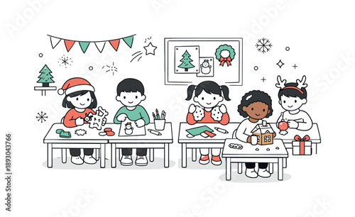 Holiday Classroom Celebration. Children at holiday school party classroom. Students sitting at desks with festive crafts and decorations. Cozy classroom