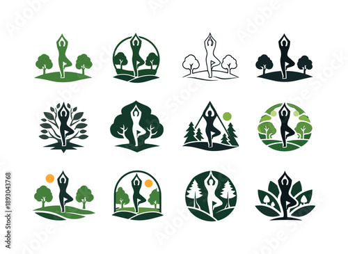 Yoga Park Icons. Yoga in the park. Icon set. Set Logo of Yoga in the park: balanced tree pose silhouette. harmonious logo variations of the same emblematic